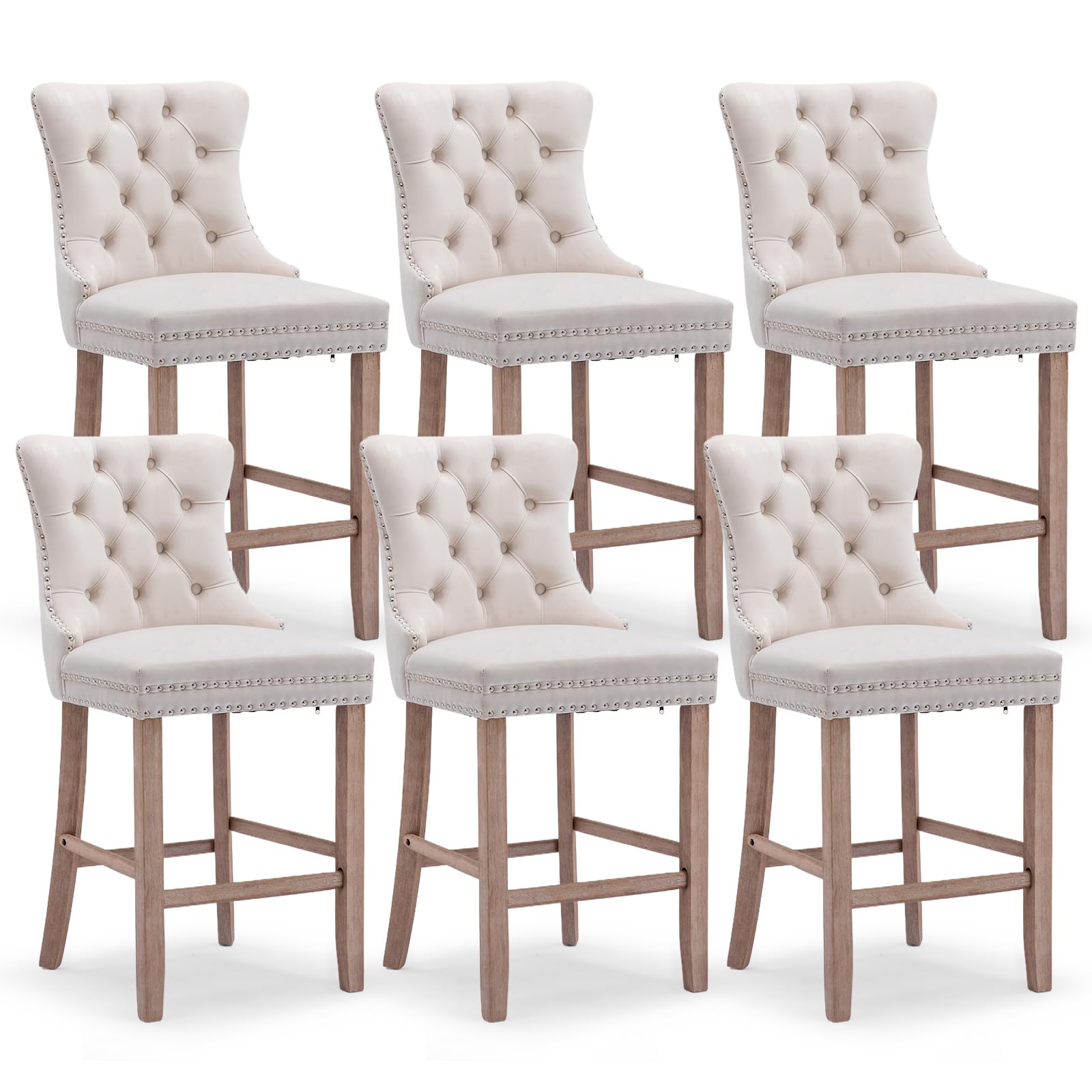 SoarFlash Modern Velvet Upholstered Bar Stools Set of 6 with Wood Legs, Button Tufted,Chrome Nailhead, Counterstool Seat, Armless Bar Chairs (Beige)