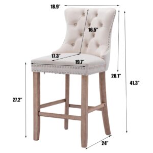 SoarFlash Modern Velvet Upholstered Bar Stools Set of 6 with Wood Legs, Button Tufted,Chrome Nailhead, Counterstool Seat, Armless Bar Chairs (Beige)