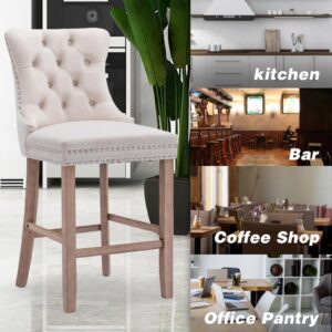 SoarFlash Modern Velvet Upholstered Bar Stools Set of 6 with Wood Legs, Button Tufted,Chrome Nailhead, Counterstool Seat, Armless Bar Chairs (Beige)