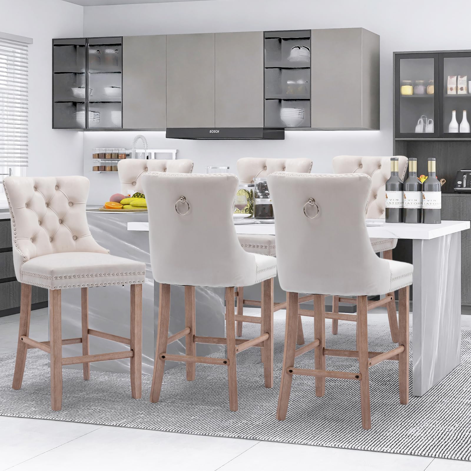 SoarFlash Modern Velvet Upholstered Bar Stools Set of 6 with Wood Legs, Button Tufted,Chrome Nailhead, Counterstool Seat, Armless Bar Chairs (Beige)