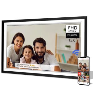 wifi digital picture photo frame 15.6” fhd touch screen with 32gb storage, 1920 * 1080 ips screen, slideshow, auto-rotate, easy setup to share photos or videos via app, gift for family & friends