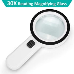 30X Magnifying Glass with Light and Case - Reading Magnifying Glass Handheld Large Glass Lens Magnifier Ideal for Seniors, Inspection, Coins, Stamps, Jewelry, Macular Degeneration