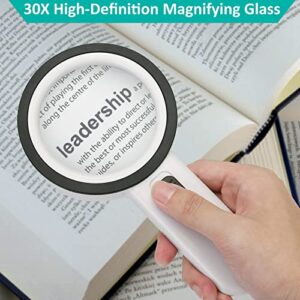 30X Magnifying Glass with Light and Case - Reading Magnifying Glass Handheld Large Glass Lens Magnifier Ideal for Seniors, Inspection, Coins, Stamps, Jewelry, Macular Degeneration