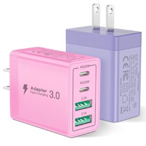 [2 pack] usb c charger block, aioneus 40w 4-port qc+pd 3.0 power adapter, fast charging block type c multiport plug usb c wall charger for iphone 15 14 plus pro max 13 12, ipad, samsung(pink & purple)