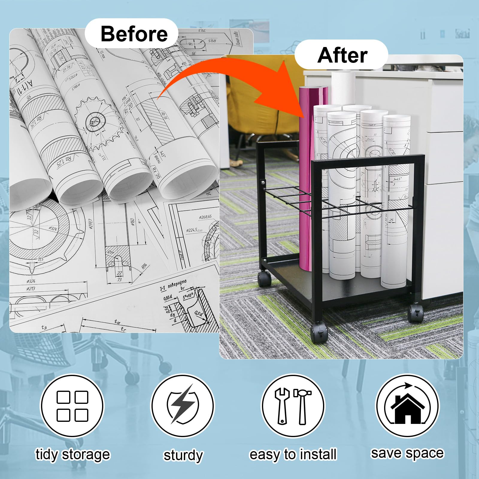 Fumingpal Blueprint Holder - Blueprint Storage Metal Blue Print Storage Organizer with Wheels, 12 Slots Construction Plan Holder to Storage Poster Architectural Rolled Maps for Home Office School