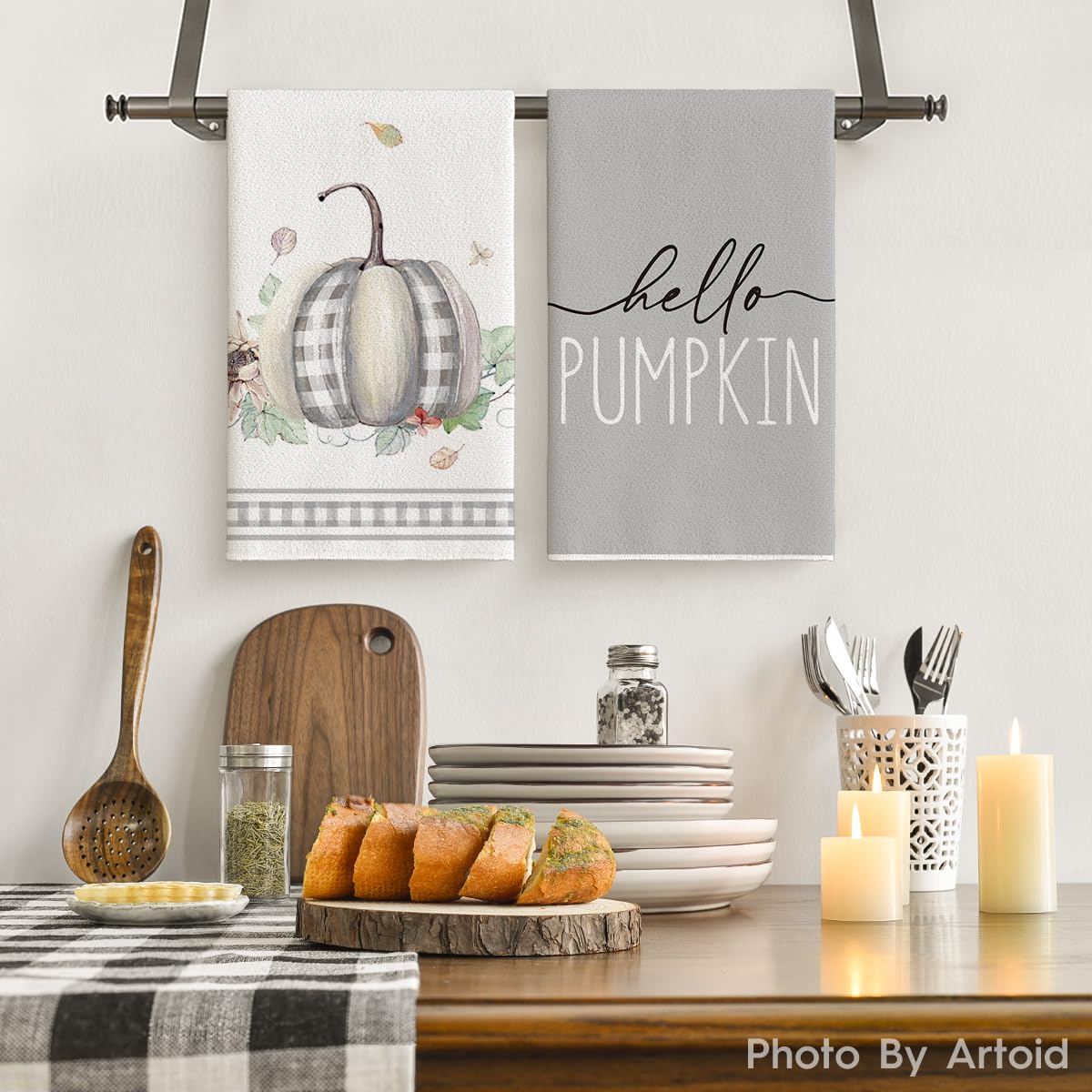 Artoid Mode Truck Leaves Hello Pumpkin Fall Kitchen Towels Dish Towels, 18x26 Inch Happy Harvest Decoration Hand Towels Set of 4