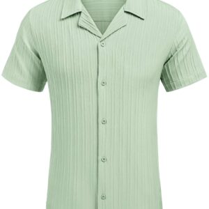 COOFANDY Button Down Shirt Men Button Down Short Sleeve Shirt Button Up Shirts for Men Linen Shirts for Men Summer Beach Shirt Light Green - M