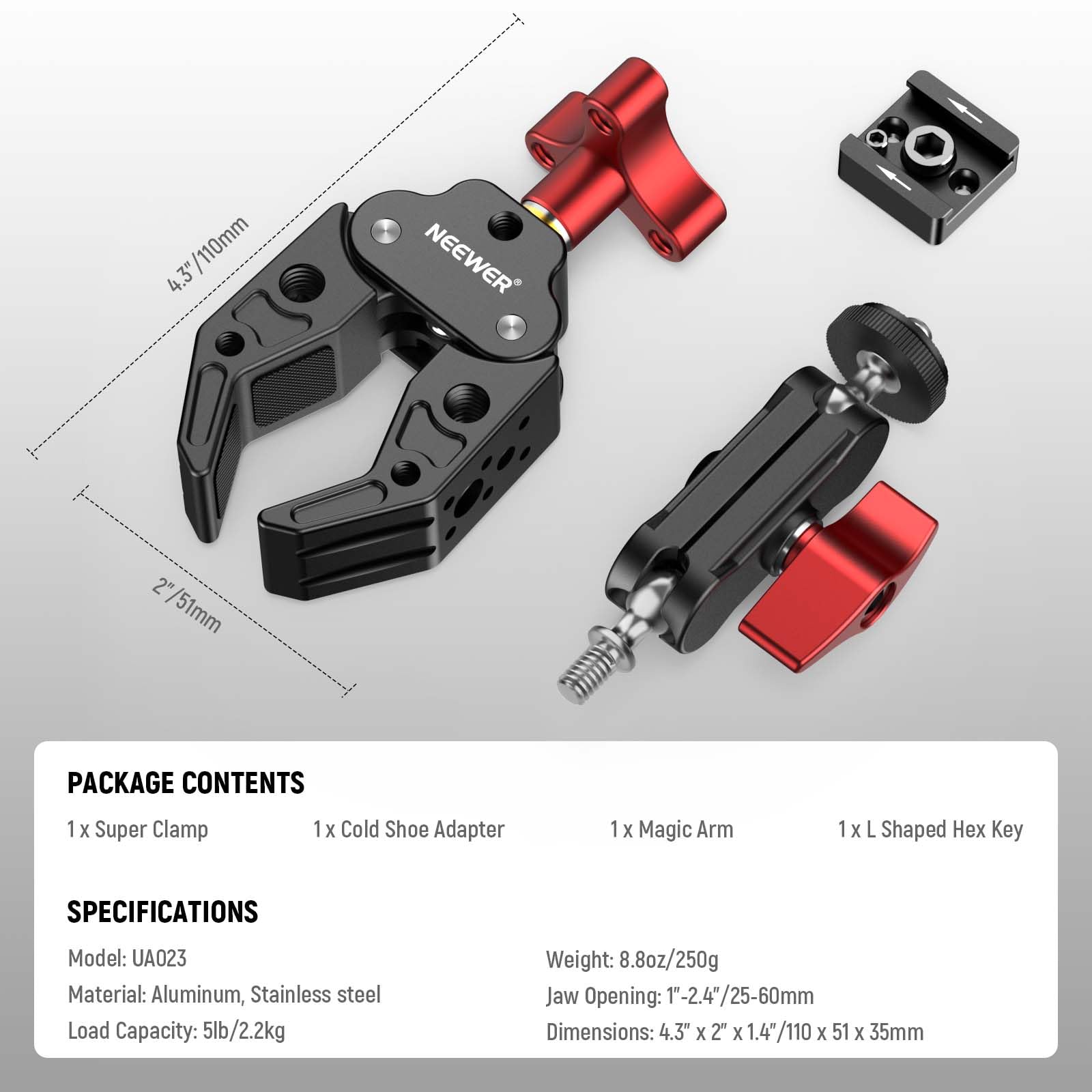 NEEWER Super Clamp with Dual Ballhead Magic Arm, Cold Shoe Mount, 1/4" 3/8" Threads Compatible with SmallRig Accessories, Light Clamp Camera Clamp Max Load 2.2kg Compatible with GoPro Insta360, UA023