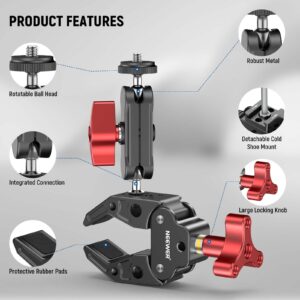 NEEWER Super Clamp with Dual Ballhead Magic Arm, Cold Shoe Mount, 1/4" 3/8" Threads Compatible with SmallRig Accessories, Light Clamp Camera Clamp Max Load 2.2kg Compatible with GoPro Insta360, UA023