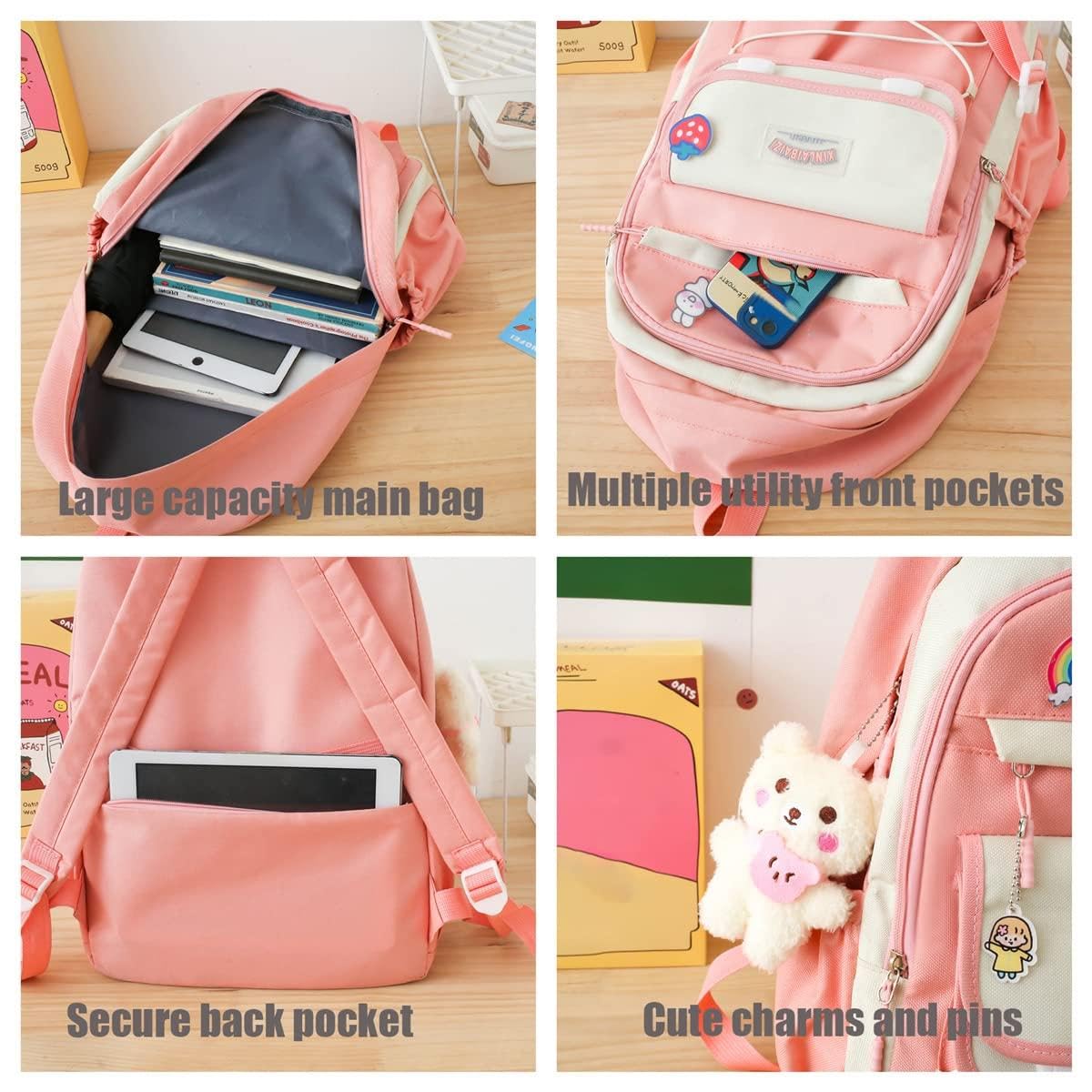 LsdgFriday 4Pcs Cute Backpack Combo Set Kawaii School Aesthetic Backpack School Bag Set with Bear Pendant Pins Accessories for Girls Teen Back to School