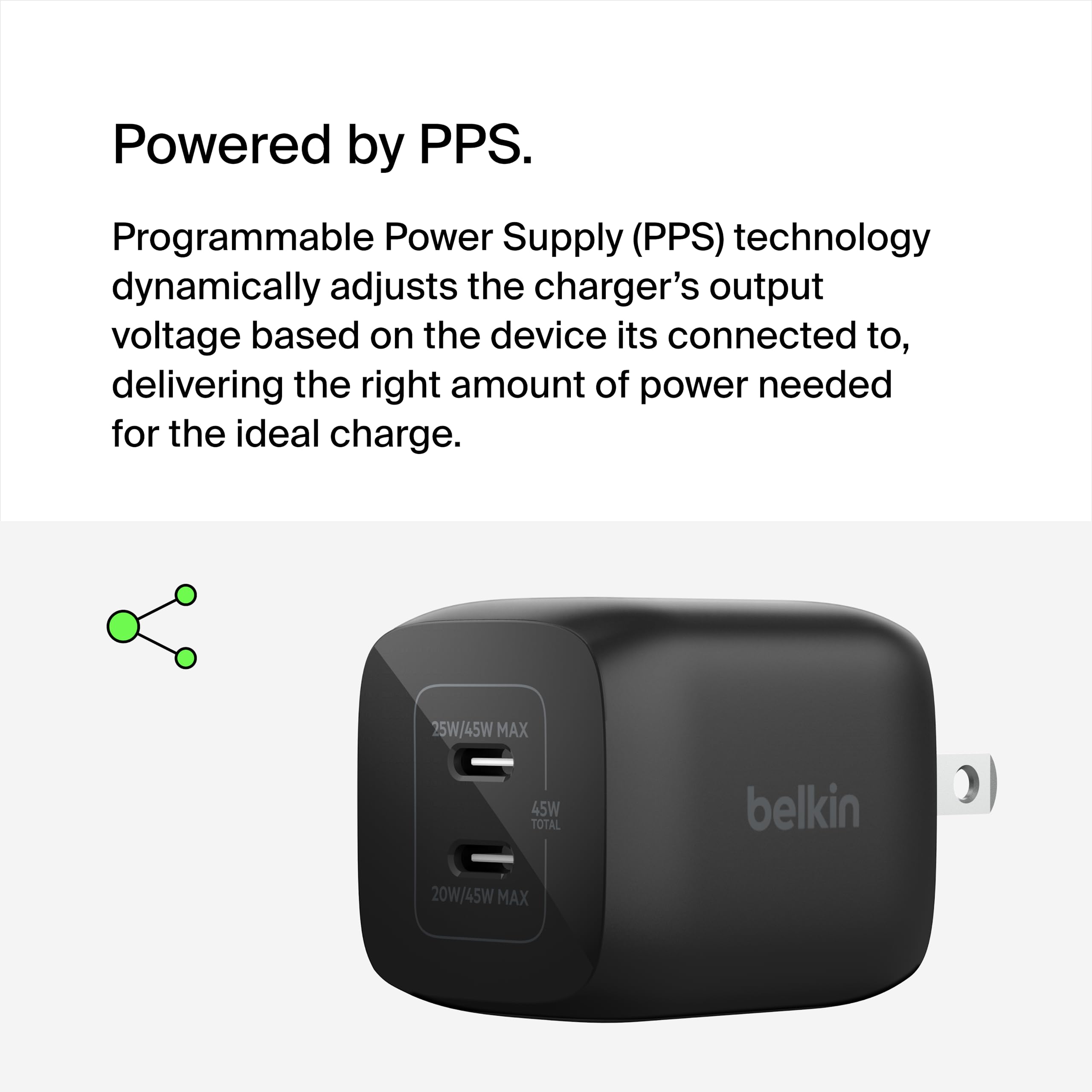 Belkin 65W Dual USB-C Wall Charger, Fast Charging PD 3.0 w/GaN Technology for iPhone Series, iPad Pro 12.9, MacBook, Galaxy Series, Tablet, & More - Black