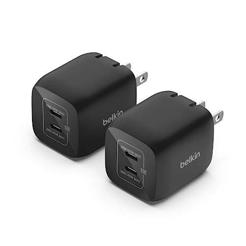 Belkin 45W Dual USB-C Wall Charger, Fast Charging Power Delivery 3.0 w/ GaN Technology for iPhone 15, 15 Pro, 15 Pro Max, 14, 13, Mini, iPad Pro 12.9, MacBook, Galaxy S23, & More - Black (2-Pack)