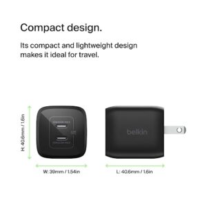 Belkin 45W Dual USB-C Wall Charger, Fast Charging Power Delivery 3.0 w/ GaN Technology for iPhone 15, 15 Pro, 15 Pro Max, 14, 13, Mini, iPad Pro 12.9, MacBook, Galaxy S23, & More - Black (2-Pack)