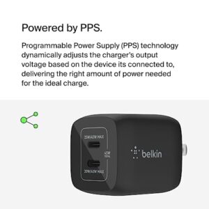 Belkin 45W Dual USB-C Wall Charger, Fast Charging Power Delivery 3.0 w/ GaN Technology for iPhone 15, 15 Pro, 15 Pro Max, 14, 13, Mini, iPad Pro 12.9, MacBook, Galaxy S23, & More - Black (2-Pack)