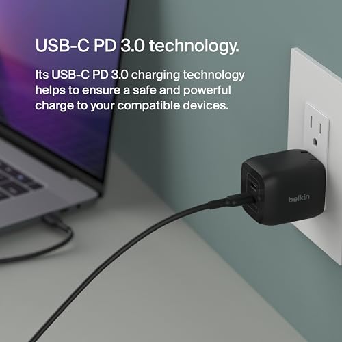 Belkin 45W Dual USB-C Wall Charger, Fast Charging Power Delivery 3.0 w/ GaN Technology for iPhone 15, 15 Pro, 15 Pro Max, 14, 13, Mini, iPad Pro 12.9, MacBook, Galaxy S23, & More - Black (2-Pack)