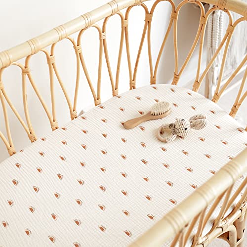 Konssy 2 Pack Soft Breathable Muslin Fitted Bassinet Sheets for Baby Girl Boy, Fit Oval Rectangle Cradle, Moses Basket Pad/Mattress (Camel, Sun)