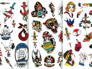 temporary tattoo set of 3 sheets by tatsy - sailor, vintage, oldschool - party fun tattoos, fake tattoo body art for men and women, total 47 unique tattoos