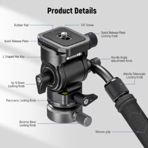 NEEWER Tripod Fluid Head with +/-10° Leveling Base(37mm Dia.), Metal Pan Tilt Head with Arca Type QR Plate, Telescopic Handle for Compact Video Camera DSLR Camera, Max Load 8.8lb/4kg, GM27