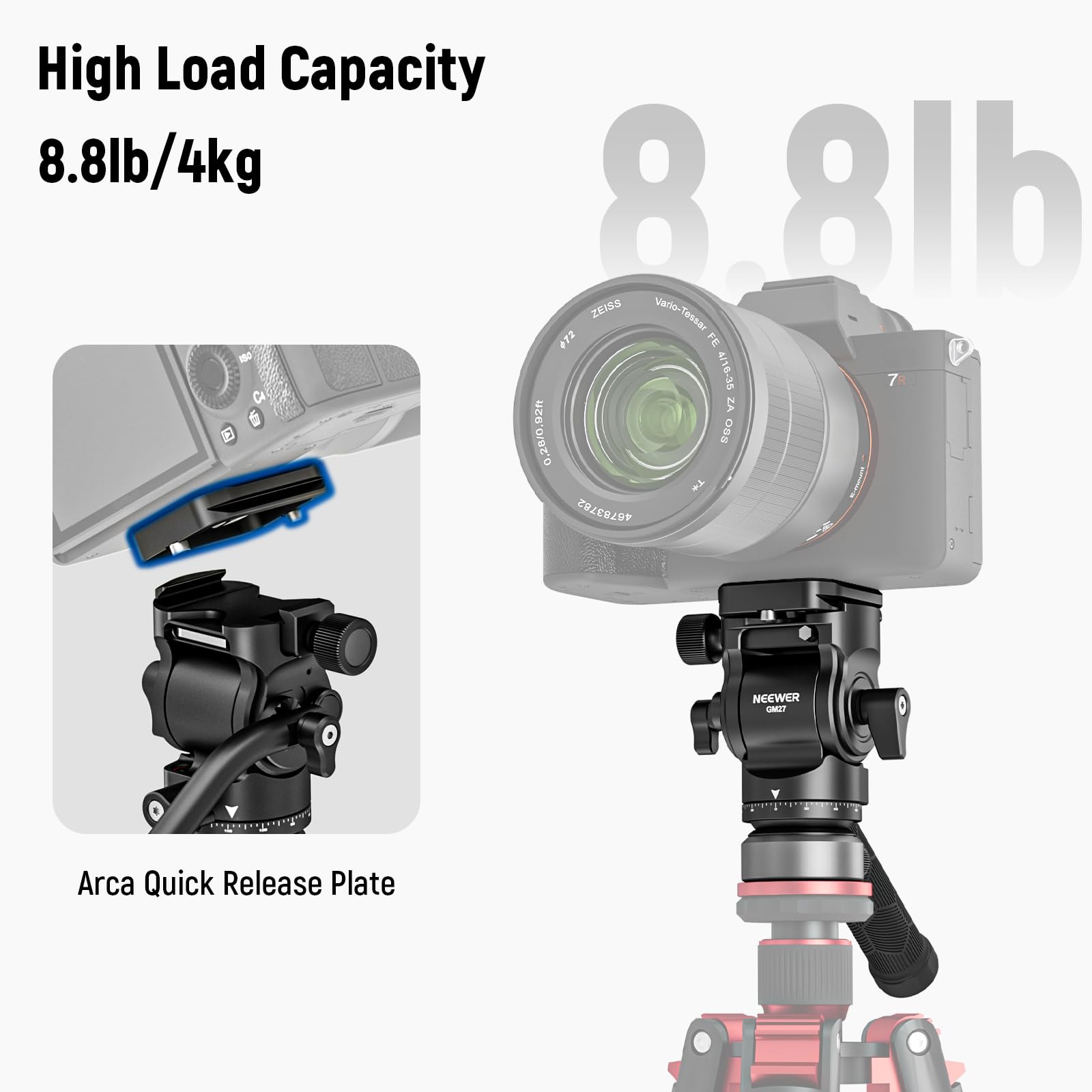 NEEWER Tripod Fluid Head with +/-10° Leveling Base(37mm Dia.), Metal Pan Tilt Head with Arca Type QR Plate, Telescopic Handle for Compact Video Camera DSLR Camera, Max Load 8.8lb/4kg, GM27