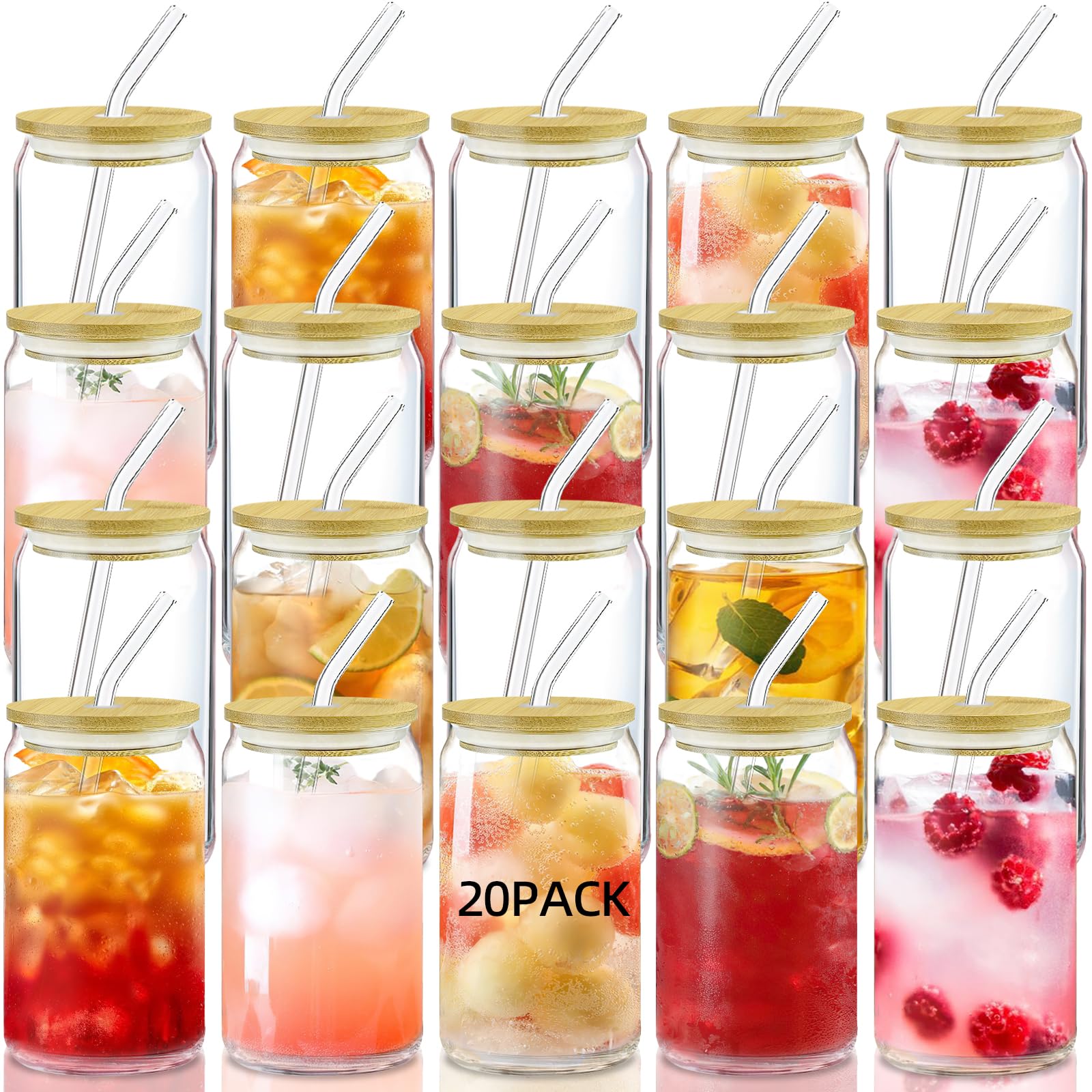 AiHeart 20Pcs Glass Cups With Lids and Straws,16oz Beer Can Shaped Drinking Glasses,Iced Coffee Glass, Cute Tumbler Cup for Smoothie, Boba Tea, Whiskey,Water