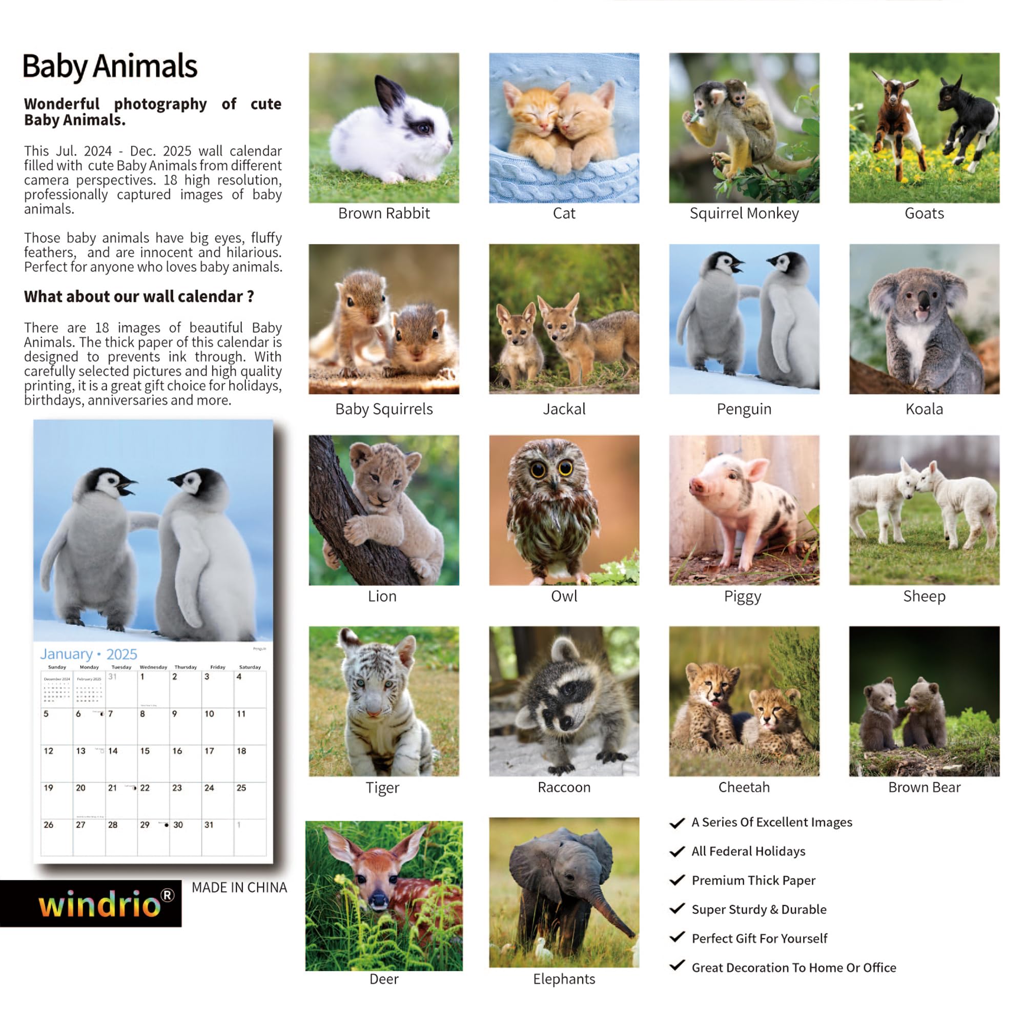 2024 Wall Calendar,Calendar 2024, July 2024 - December 2025, Wall Calendar Baby Animals, 12" x 24" Opened,Full Page Months Thick & Sturdy Paper for Gift Perfect Calendar Organizing & Planning