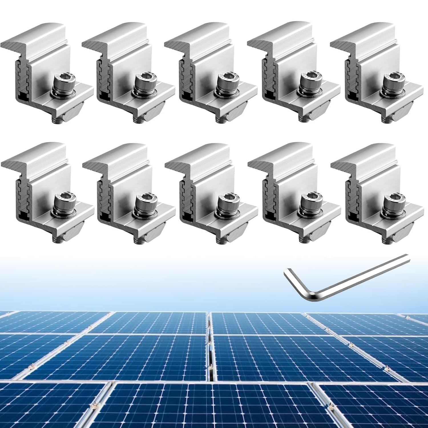 Anbte 10PCS Solar Panel End Clamp 30-45mm Adjustable, Aluminum Z Brackets for Solar Panels Include 10 Screws M8, Solar Panel Mounting Bracket for Solar Panel PV Mounting System, Silver