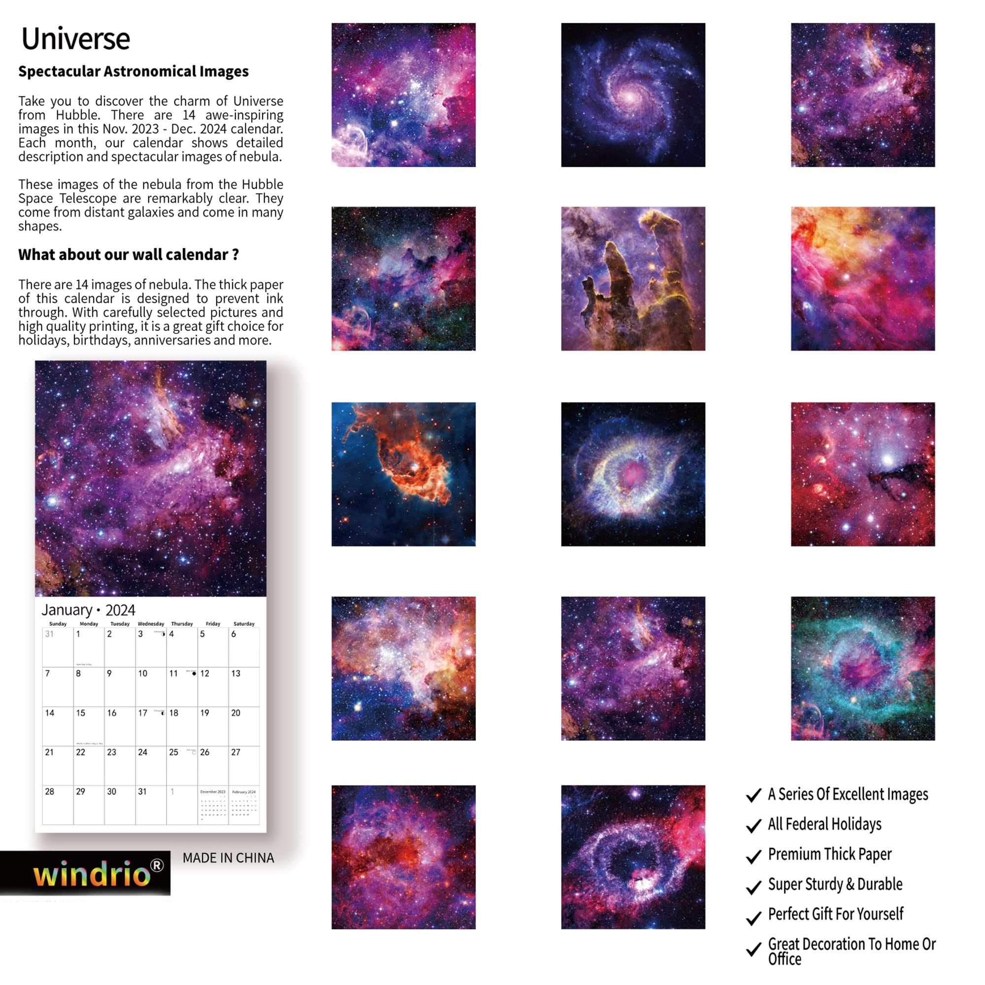 2024 Wall Calendar,Calendar 2024, November 2023 - December 2024, Wall Calendar UNIVERSE, 12" x 24" Opened,Full Page Months Thick & Sturdy Paper for Gift Perfect Calendar Organizing & Planning