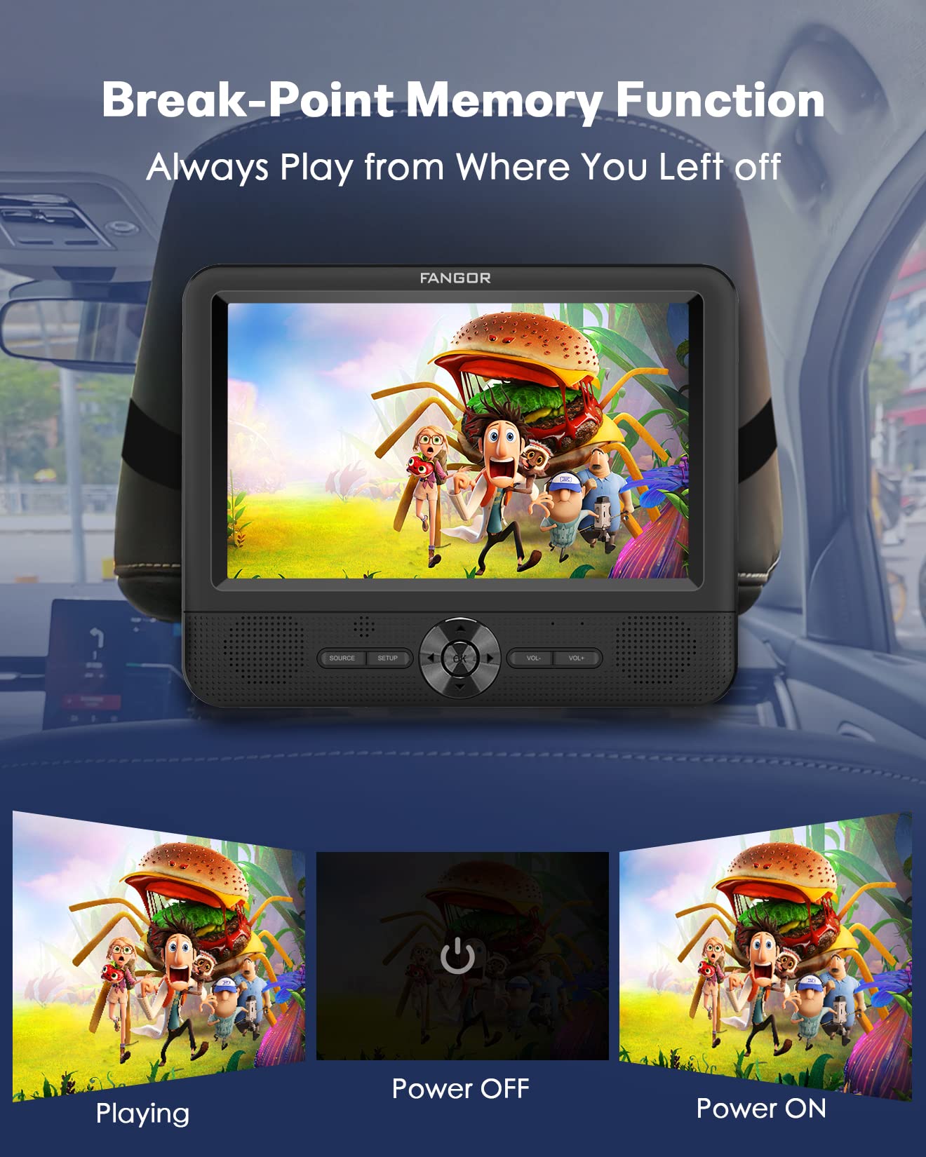 FANGOR 7.5" Dual Portable DVD Player for Car, Car DVD Player Dual Screen Play a Same or Two Different Movies with Headrest Strap, Regions Free, Support Last Memory, AV Out & in, USB/SD Card