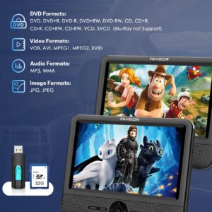 FANGOR 7.5" Dual Portable DVD Player for Car, Car DVD Player Dual Screen Play a Same or Two Different Movies with Headrest Strap, Regions Free, Support Last Memory, AV Out & in, USB/SD Card