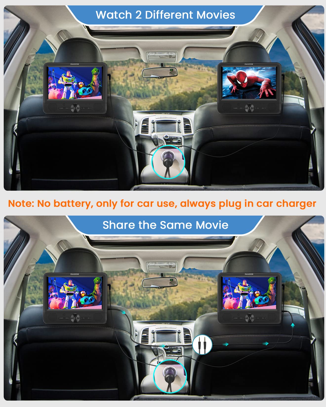 FANGOR 7.5" Dual Portable DVD Player for Car, Car DVD Player Dual Screen Play a Same or Two Different Movies with Headrest Strap, Regions Free, Support Last Memory, AV Out & in, USB/SD Card