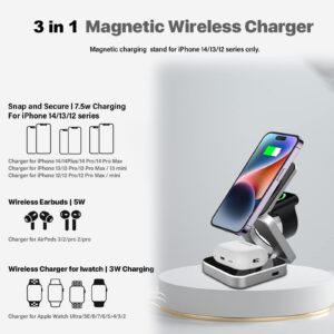 YeeCASE Foldable Magnetic Wireless Charger, 3 in 1 Charging Station, Fast Mag-Safe Charger Stand for iPhone 15 14 13 12 Pro/Max/Plus, for AirPods 3/2/Pro, for iWatch (Adapter Included) (Black)