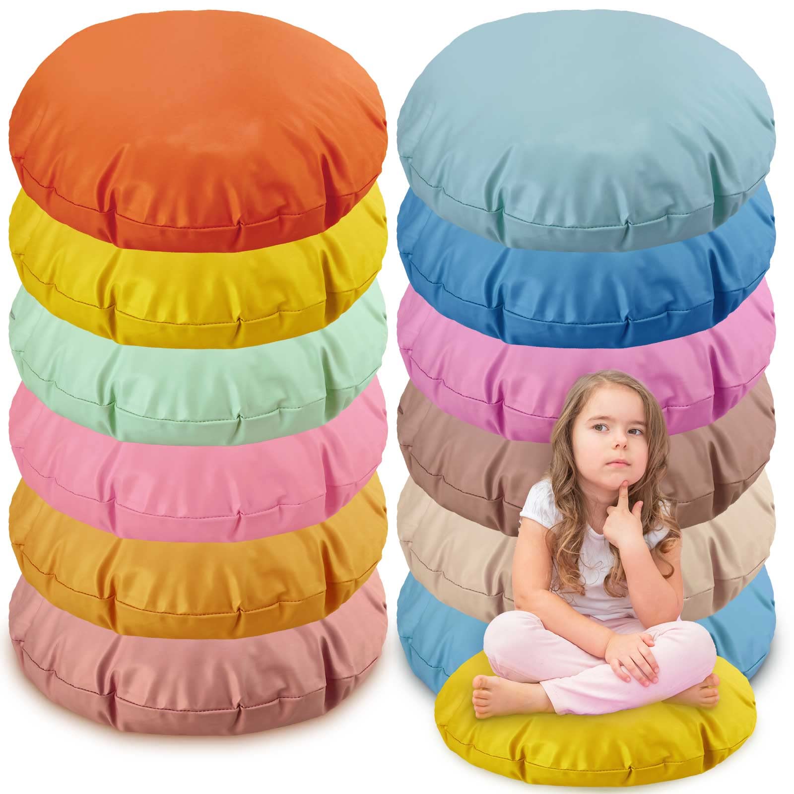 Timgle 12 Pcs 17.7 Inch Extra Large Round Floor Cushions Bulk Thicken Bigger Kids Flexible Floor Seating Soft Circle Floor Seat Pillows for Kids Toddler Home, Daycare, Classroom, Yoga, Kindergarten