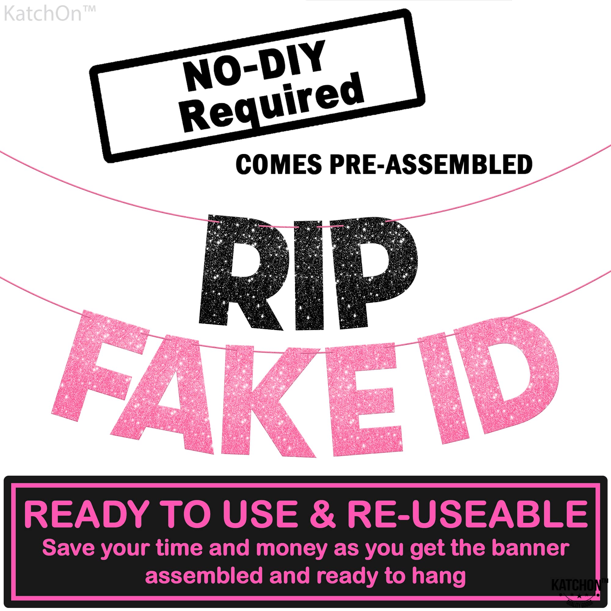 KatchOn, Black and Pink RIP Fake ID Banner - Glitter, 10 Feet, No DIY | 21st Birthday Banner, 21st Birthday Decorations for Her | 21st Birthday Sign, Happy 21 birthday decorations | Finally 21 Banner