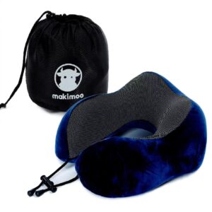 makimoo memory foam travel pillow, neck pillow with 360-degree head support, comfortable and lightweight, ideal for sleeping on airplane, car, train, bus and home use, comes with storage bag (blue)