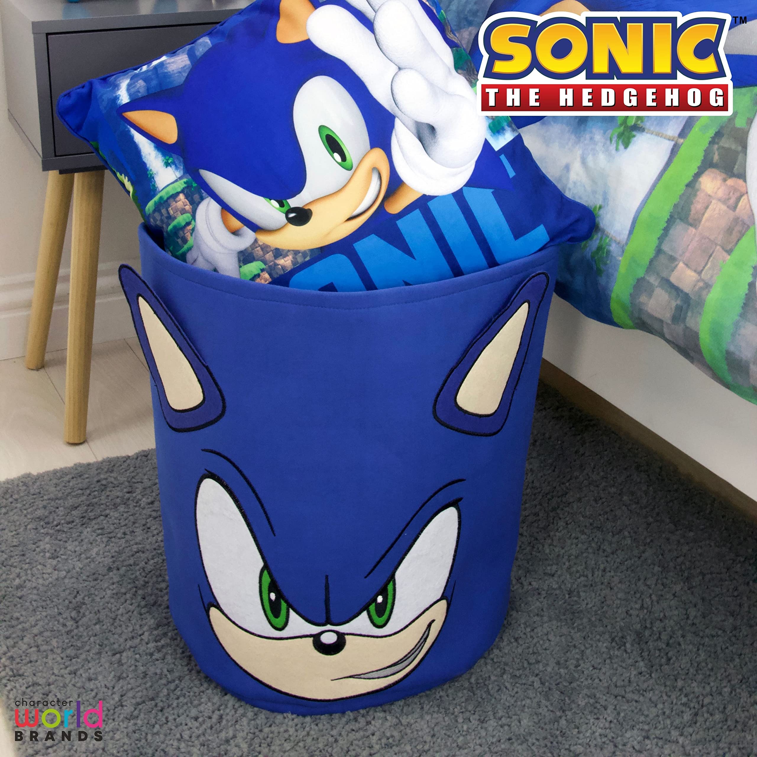 Character World Sonic the Hedgehog Official Storage Bin | Sonic Head Design, Toy Box Laundry Basket | Organiser For Children's Bedroom, Kids Playroom | 38 x 31 x 31cm Cotton Canvas