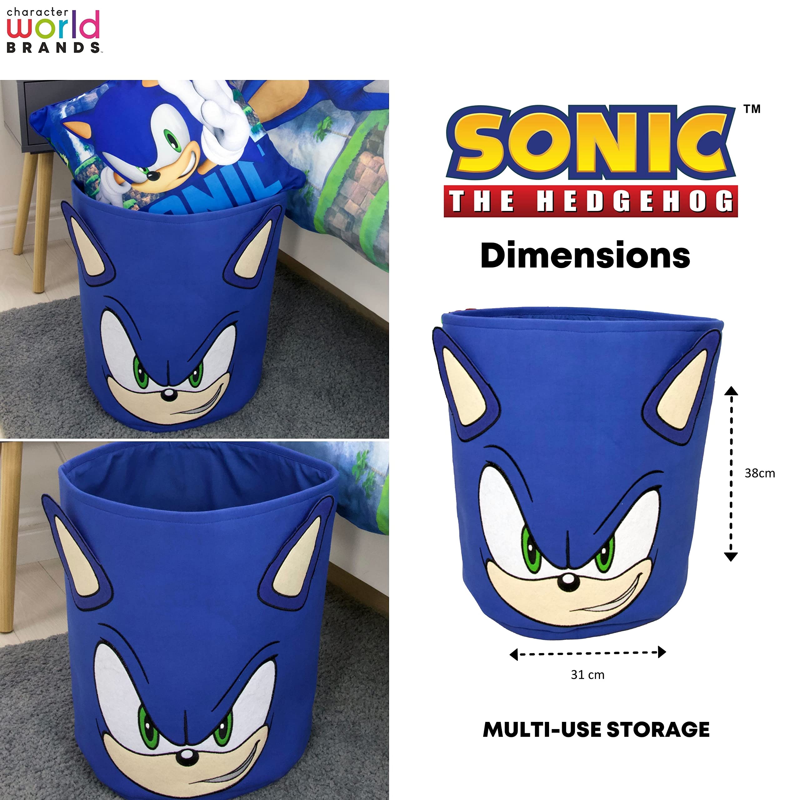 Character World Sonic the Hedgehog Official Storage Bin | Sonic Head Design, Toy Box Laundry Basket | Organiser For Children's Bedroom, Kids Playroom | 38 x 31 x 31cm Cotton Canvas