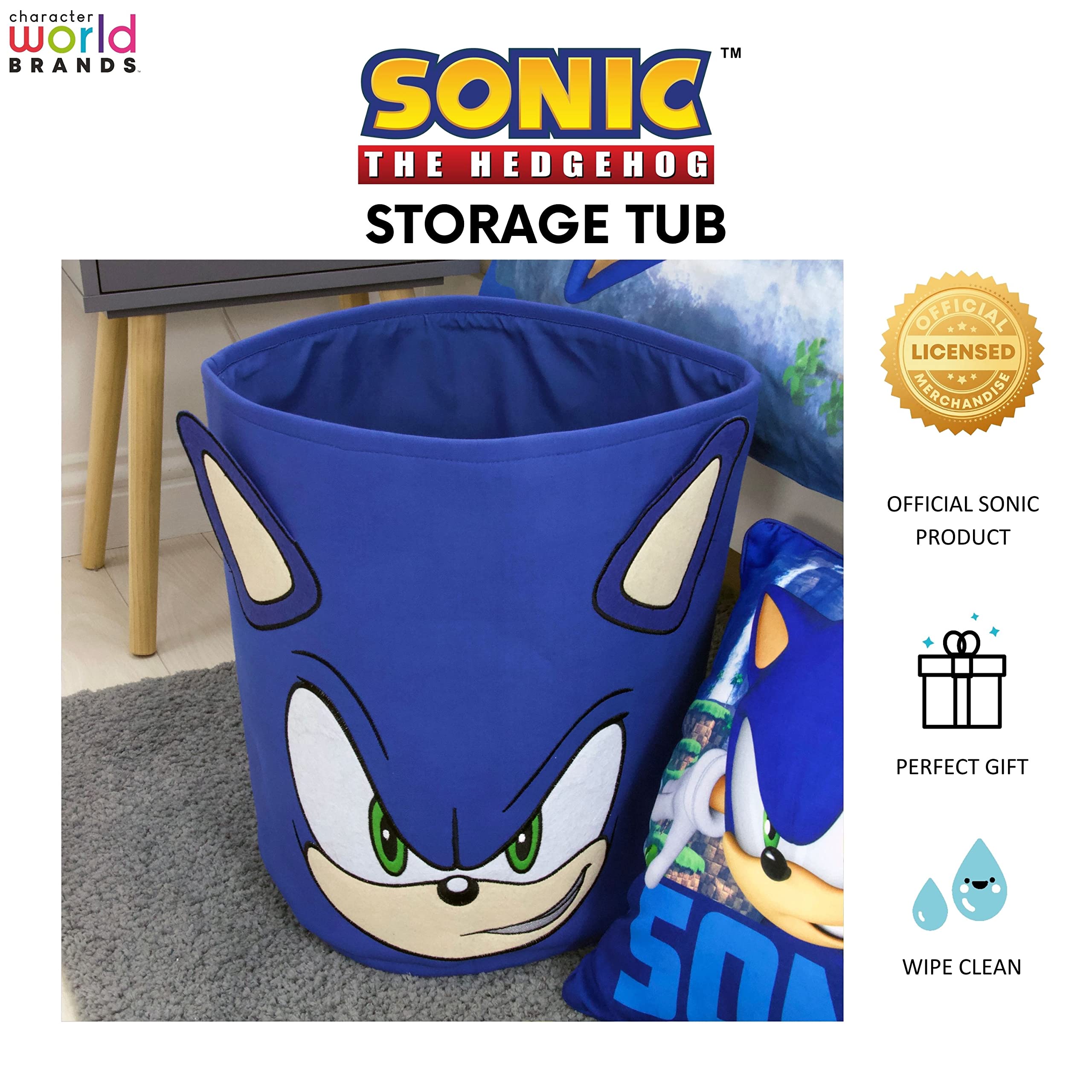 Character World Sonic the Hedgehog Official Storage Bin | Sonic Head Design, Toy Box Laundry Basket | Organiser For Children's Bedroom, Kids Playroom | 38 x 31 x 31cm Cotton Canvas