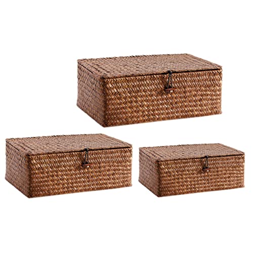 Veemoon 3pcs Woven Basket Organizer Sundry Organizer Basket End Table Decor Seagrass Baskets Woven Hamper Bathroom Decorations Baskets with Lids Seaweed Storage Shelf Basket