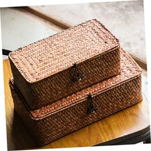 Veemoon 3pcs Woven Basket Organizer Sundry Organizer Basket End Table Decor Seagrass Baskets Woven Hamper Bathroom Decorations Baskets with Lids Seaweed Storage Shelf Basket