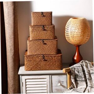 Veemoon 3pcs Woven Basket Organizer Sundry Organizer Basket End Table Decor Seagrass Baskets Woven Hamper Bathroom Decorations Baskets with Lids Seaweed Storage Shelf Basket