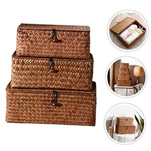 Veemoon 3pcs Woven Basket Organizer Sundry Organizer Basket End Table Decor Seagrass Baskets Woven Hamper Bathroom Decorations Baskets with Lids Seaweed Storage Shelf Basket