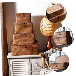 Veemoon 3pcs Woven Basket Organizer Sundry Organizer Basket End Table Decor Seagrass Baskets Woven Hamper Bathroom Decorations Baskets with Lids Seaweed Storage Shelf Basket