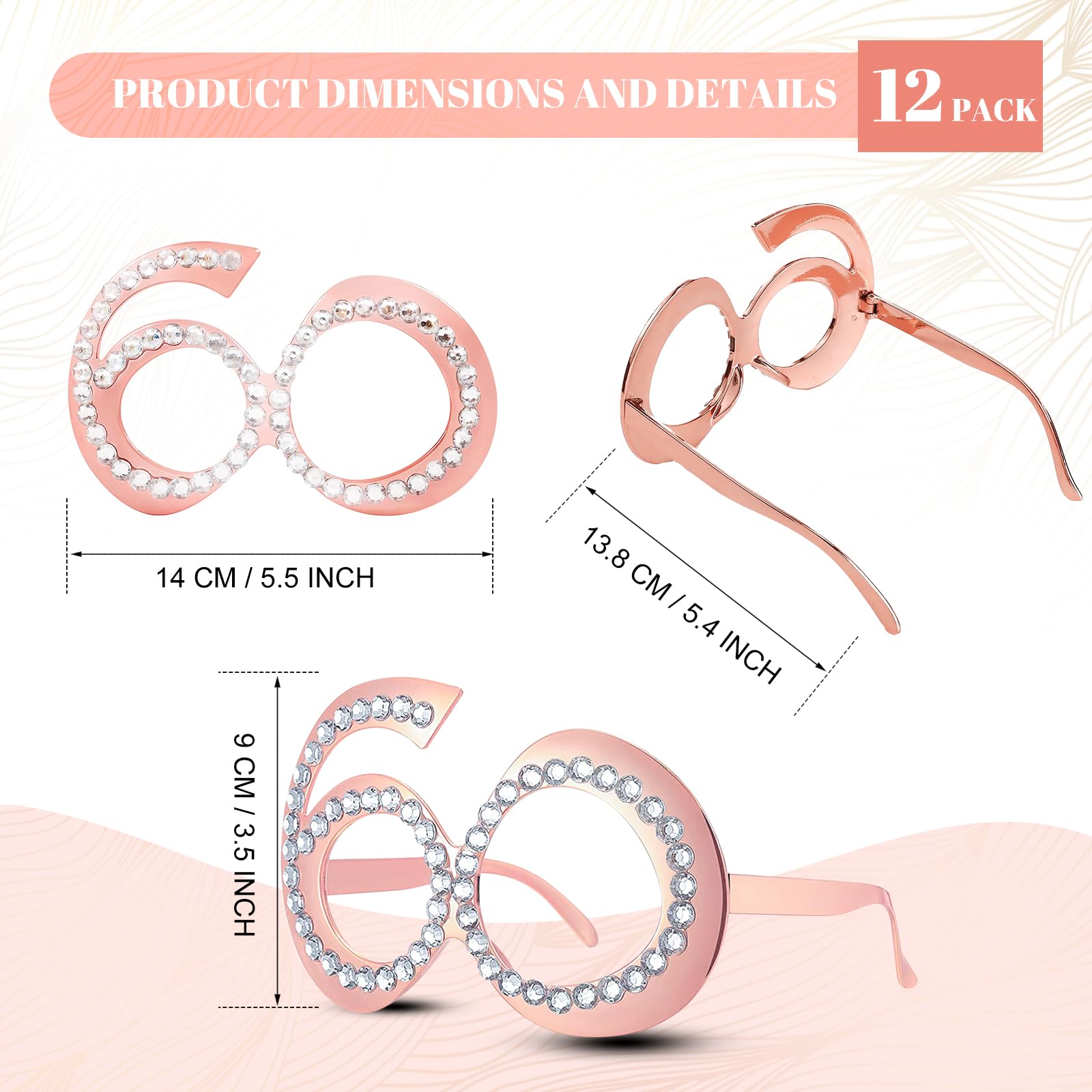 cssopenss 12 Pieces 60th Birthday Glasses, 60th birthday party glasses, Funny Plastic Eyewear 60th Birthday decorations for Women's Birthday Party Celebration Decor Favors(Rose Gold)