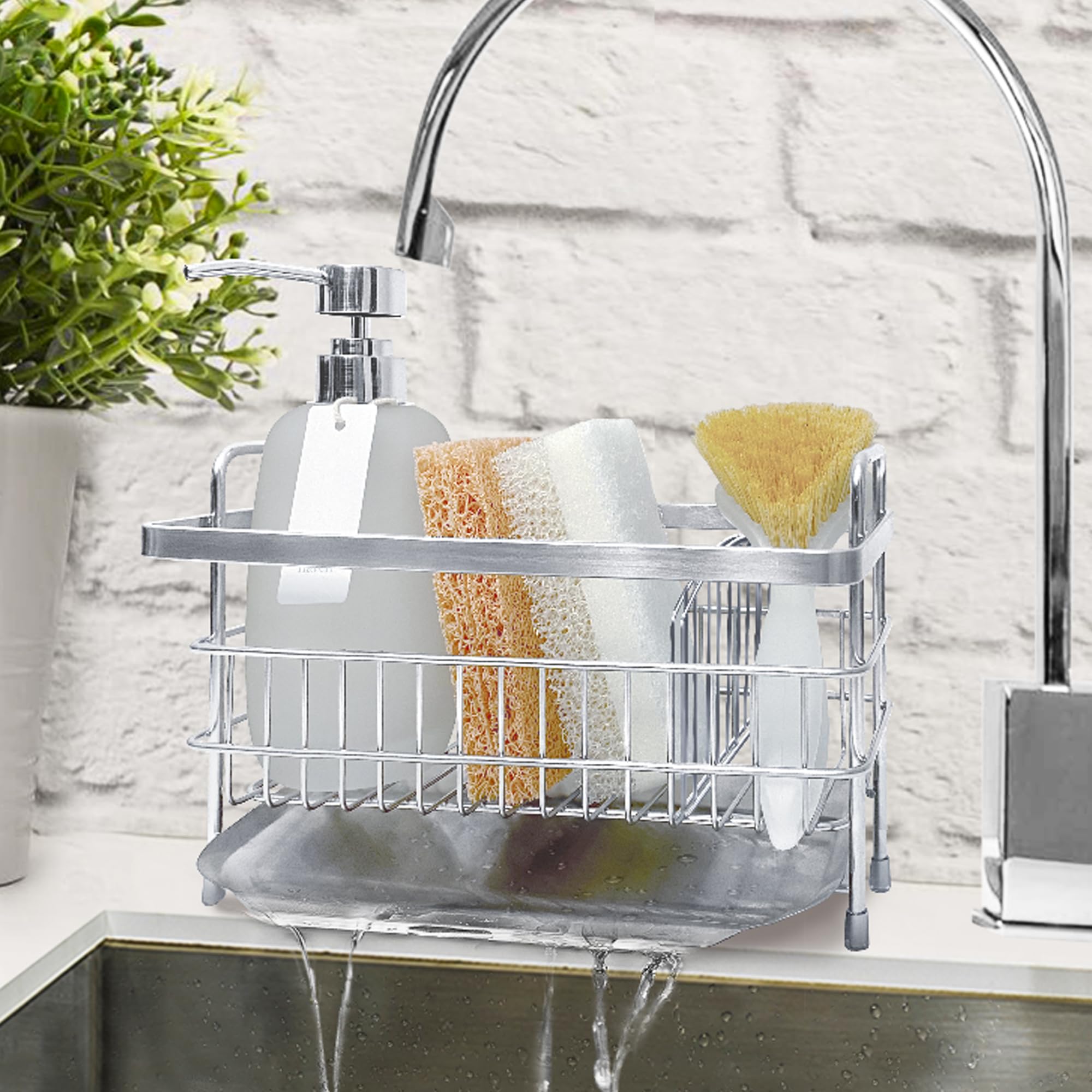 Soon Neat Sink Caddy with a divider - Kitchen Sink Organizer - Quick Draining, Stainless Steel Tray