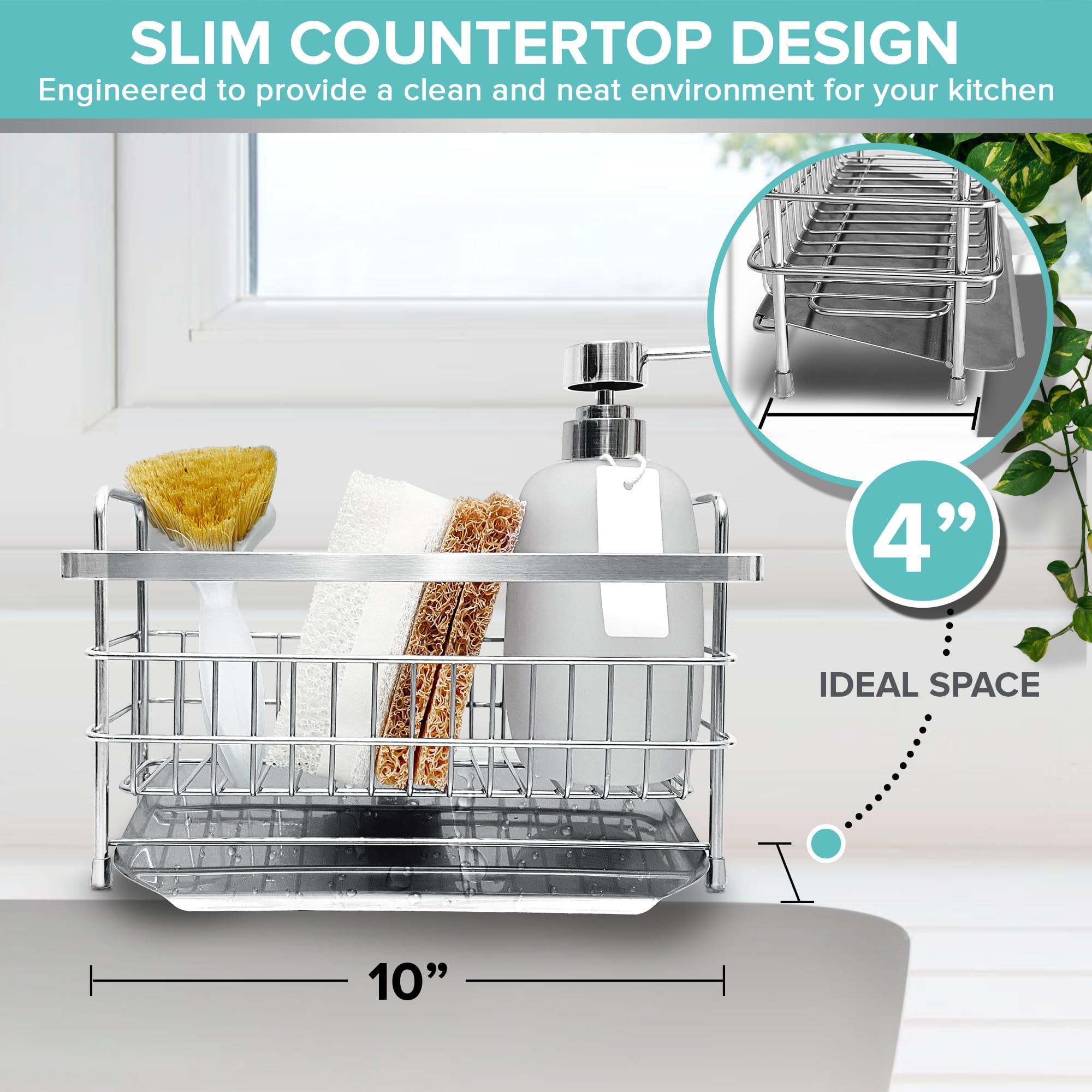 Soon Neat Sink Caddy with a divider - Kitchen Sink Organizer - Quick Draining, Stainless Steel Tray