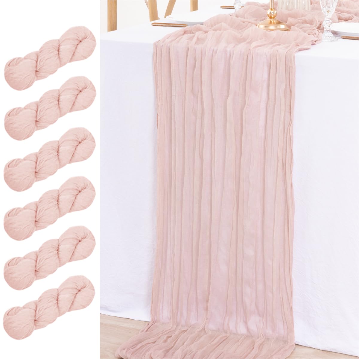 MLMW 6 Pack Cheesecloth Table Runner Bulk 14ft Gauze Table Runner 35 × 170 Inch Rustic Cheese Cloth Table Runner for Easter Wedding Baby Shower Birthday Bridal Party Decorations Dusty Pink