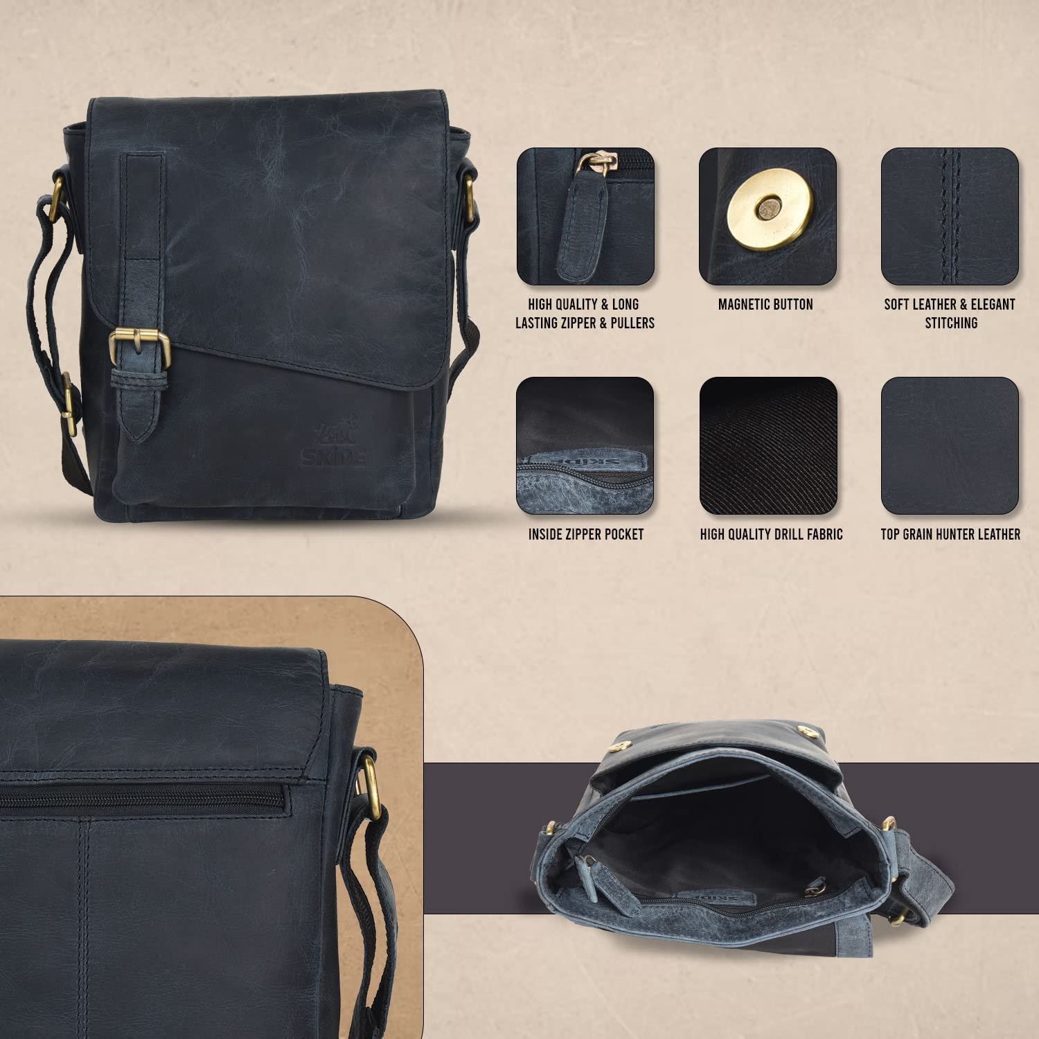 SKiDE Mens Crossbody Leather Sling Bag for Men | Shoulder Sling Travel Bags for Men | Vintage Sling Bag (Royal Blue)