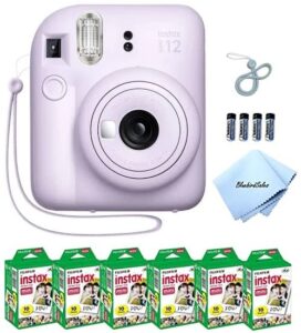 fujifilm mini 12 instant camera starter bundle: includes mini film value pack (60 sheets) + 4 pack aa batteries + lens cleaning cloth (lilac purple)