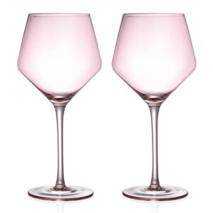 annie laurie pink colored wine glass - set of 2 - large 22 oz stemmed glassware - hand-blown crystal glasses, white & red wine, water, cocktail - bachelorette, party, celebration, birthday