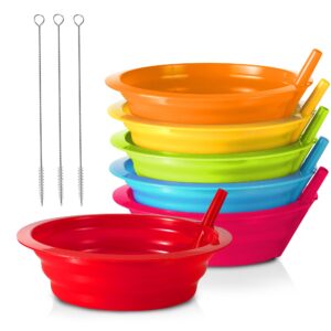 plaskidy kids cereal bowls with straws - set of 6 plastic bowl with straw for kids bpa free dishwasher and microwave safe - 22 oz toddlers bowls with built-in straws includes 3 cleaning brushes